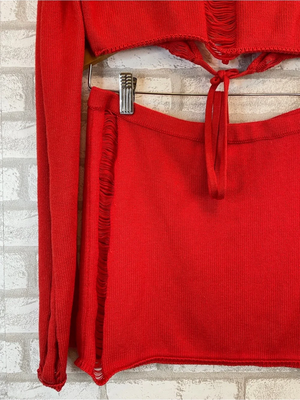 Lucy in the Sky Red Distressed Knit Two-Piece Dress Set Size L NWOT